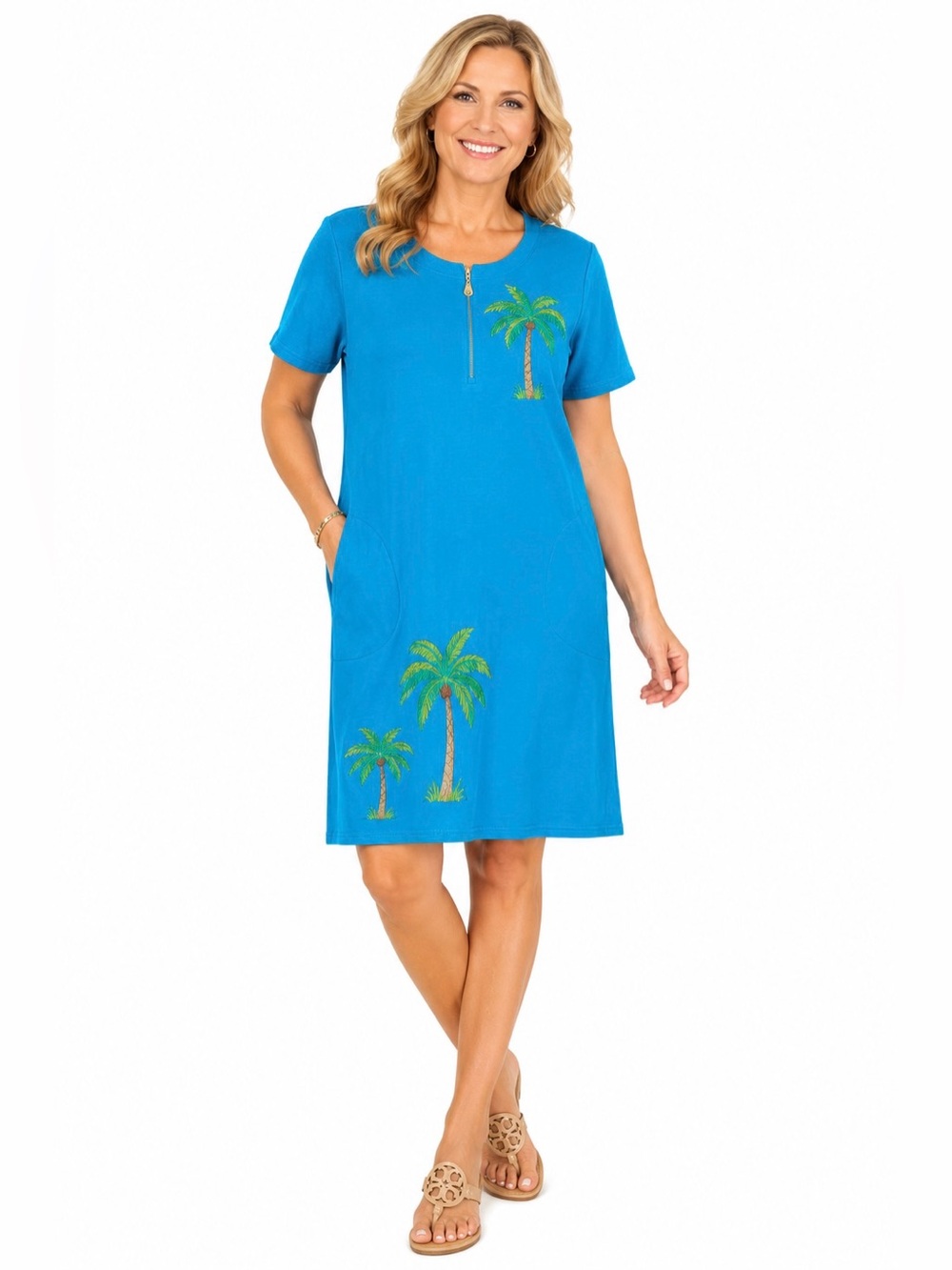 Quacker Factory Embroidered Palm Tree Tropical Zip Front Knit Dress Large